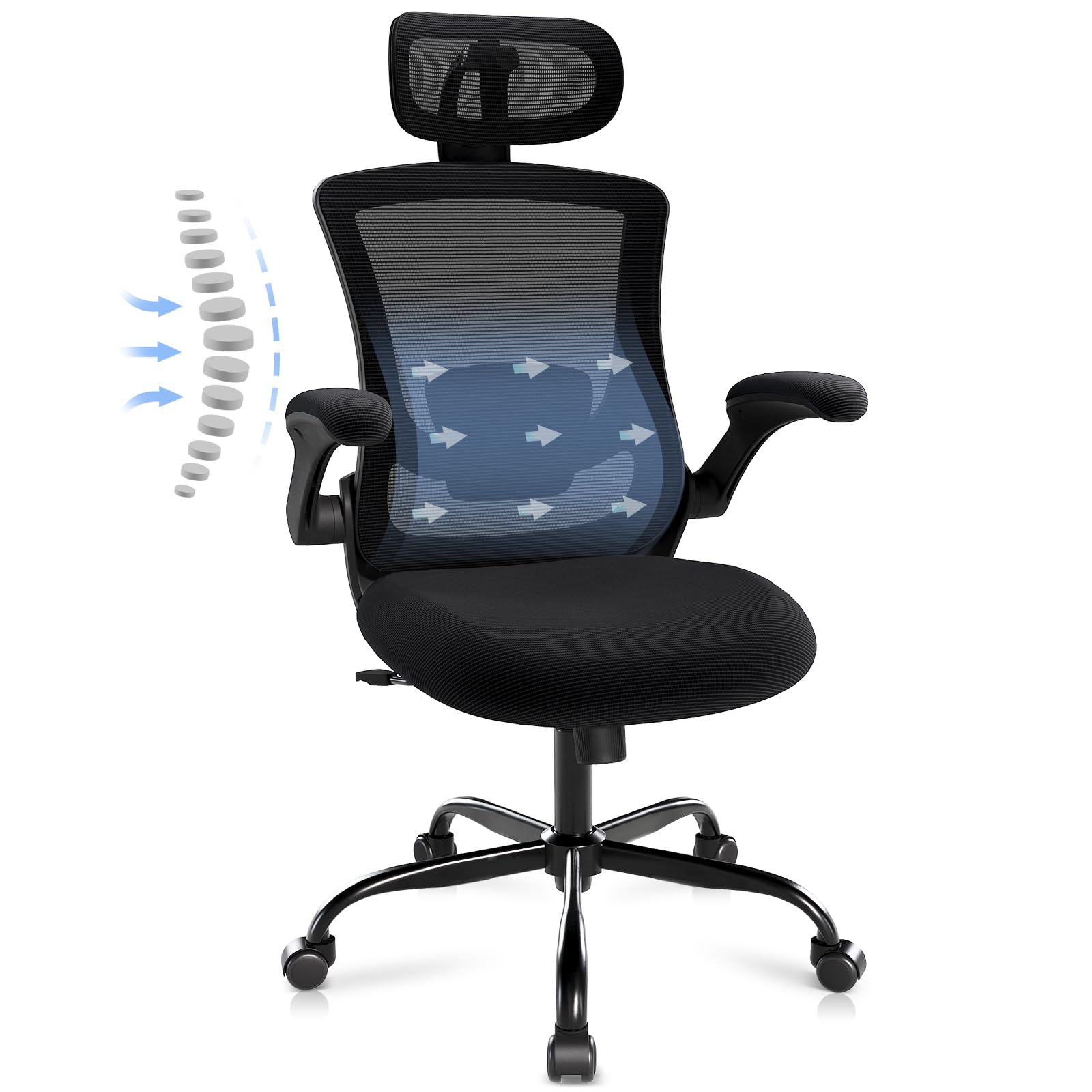 Ergonomic Office Chair with Adjustable Lumbar Support & Headrest - High Back Mesh Desk Chair with Flip-Up Armrests, Swivel Rolli