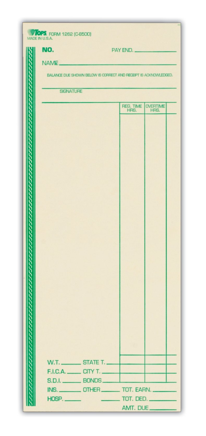Tops Time Cards, Weekly, 1-Sided, 3-3/8' X 8-1/4', Manila, Green Print, 500-Count (1262)