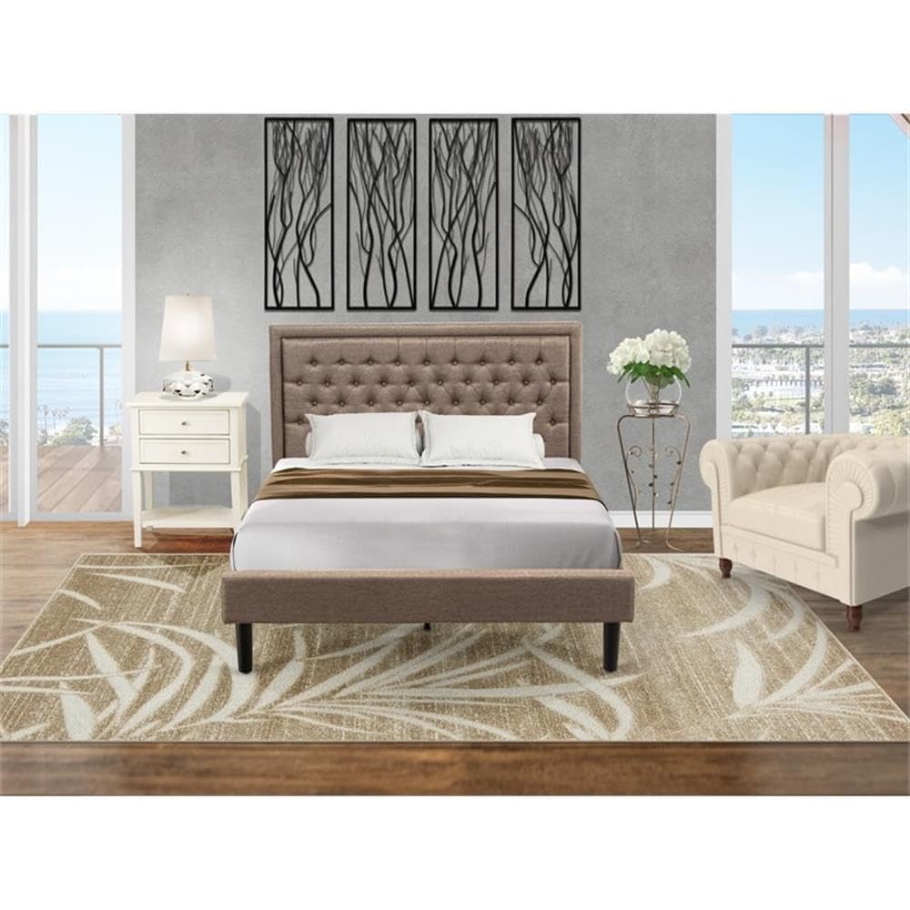 East West Furniture KD16Q-1VL0C 2 Piece Queen Bedroom Set - 1 Queen Bed Dark Khaki Linen Fabric Padded and Button Tufted Headboard with 1 Nightstand - Wire Brushed Butter Cream Finish Nightstand