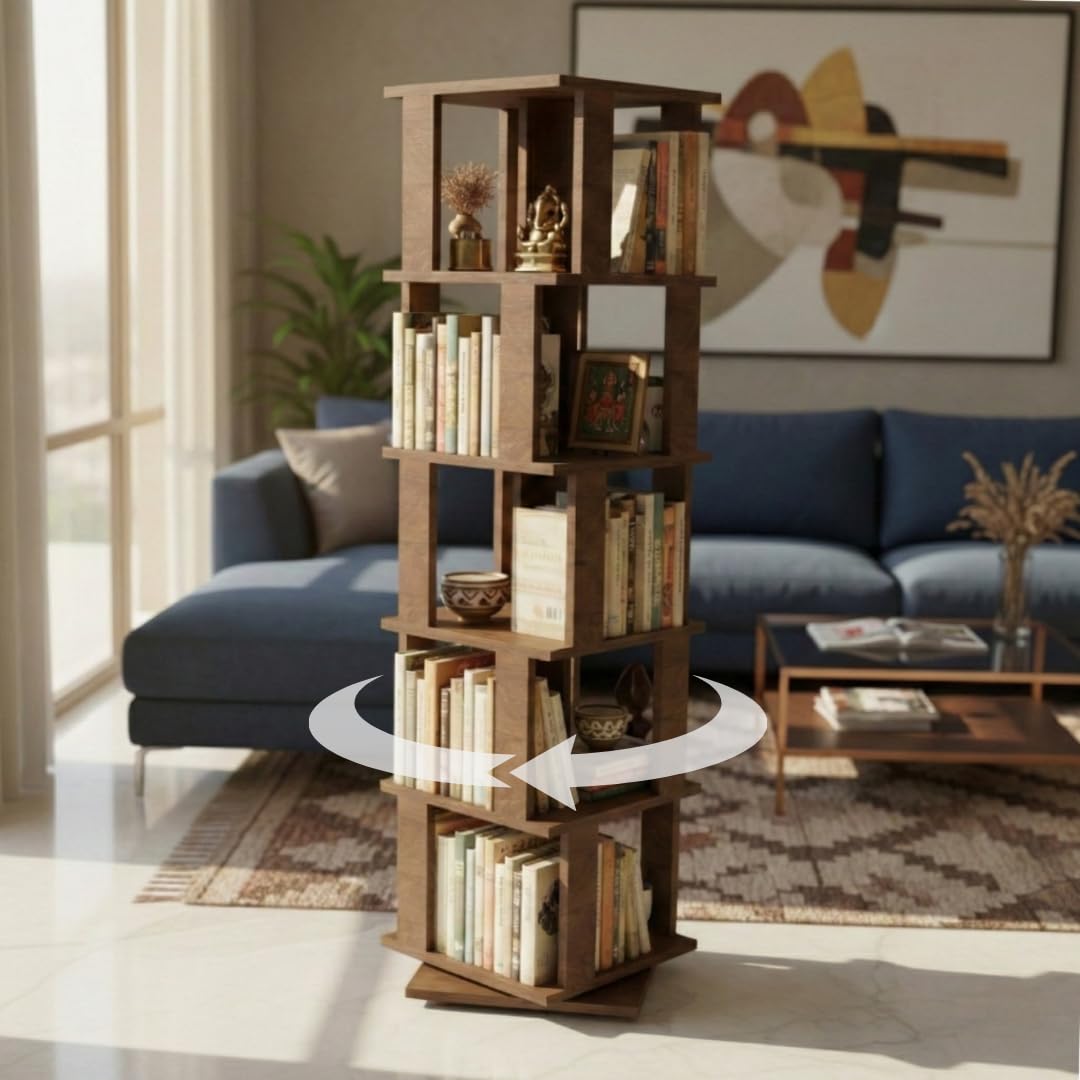 COGO OMNISHELF Rotating Bookshelf | 5 Shelves | 360 Revolving | 100 Book Capacity | 15 x 15 x 59 inch | SpaceSaving | DIY | 17 