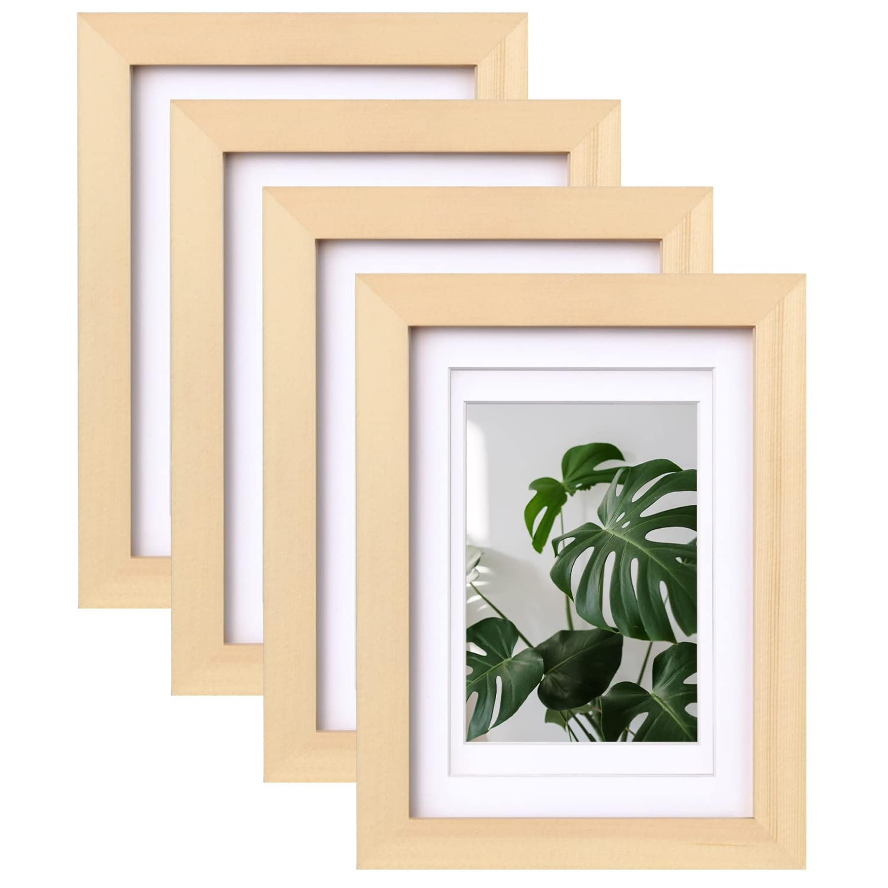 Egofine 5x7 Picture Frames Natural Wood Frames with Plexiglass, Display Pictures 3.5x5/4x6 with Mat or 5x7 Without Mat Set of 4 