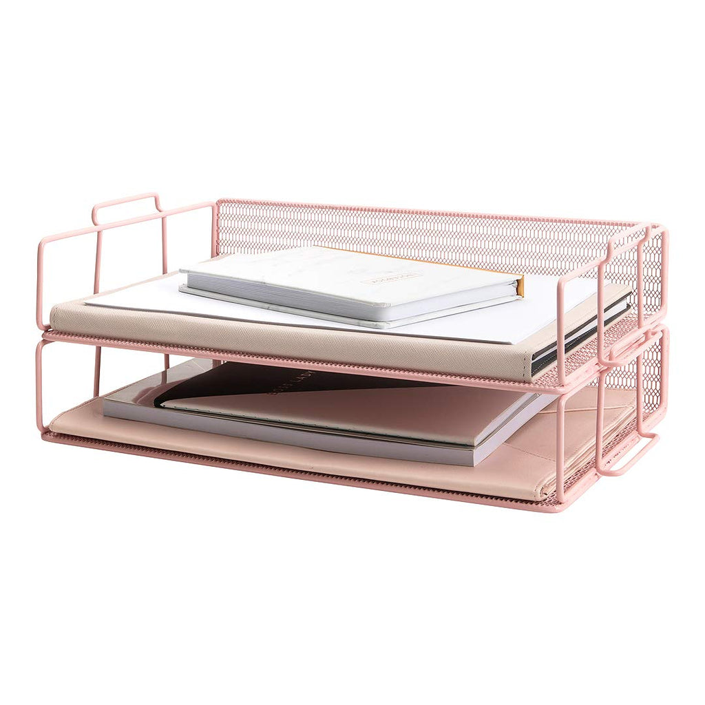 Blu Monaco Pink Desk Organizer Stackable Paper Tray Set Of 2 - Metal Wire Two Tier Tray - Stackable Letter Tray - Inbox Tray For