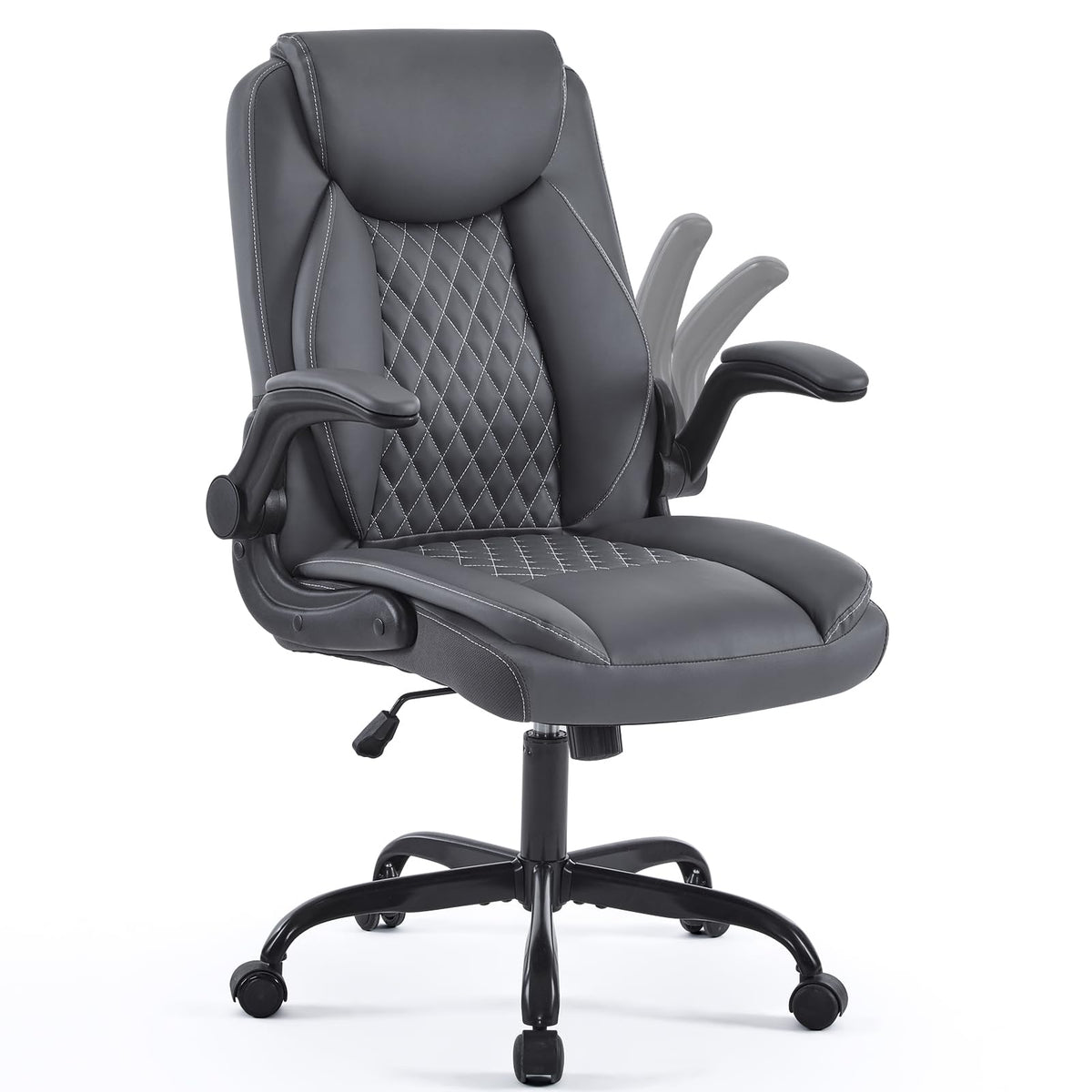 Yfo Leather Office Chair, Ergonomic Home Office Desk Chair, Back Support Swivel Executive Office Chair With Wheels And Flip-Up A