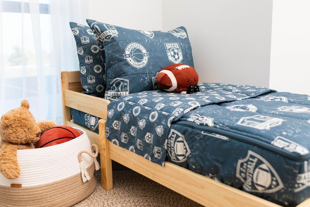 Beddy's Sports Theme Boys Durable Zipper Bedding, Bed in a Bag, Blue Sheets with Baseball, Football, Basketball, Soccer Comforte