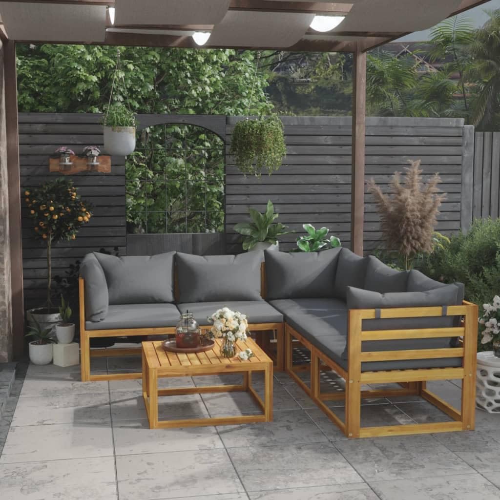 vidaXL Modern Patio Lounge Set – 6 Piece Garden Furniture with Table, Corner and Middle Sofas, Solid Acacia Wood, Cushioned for Comfort, Dark Gray