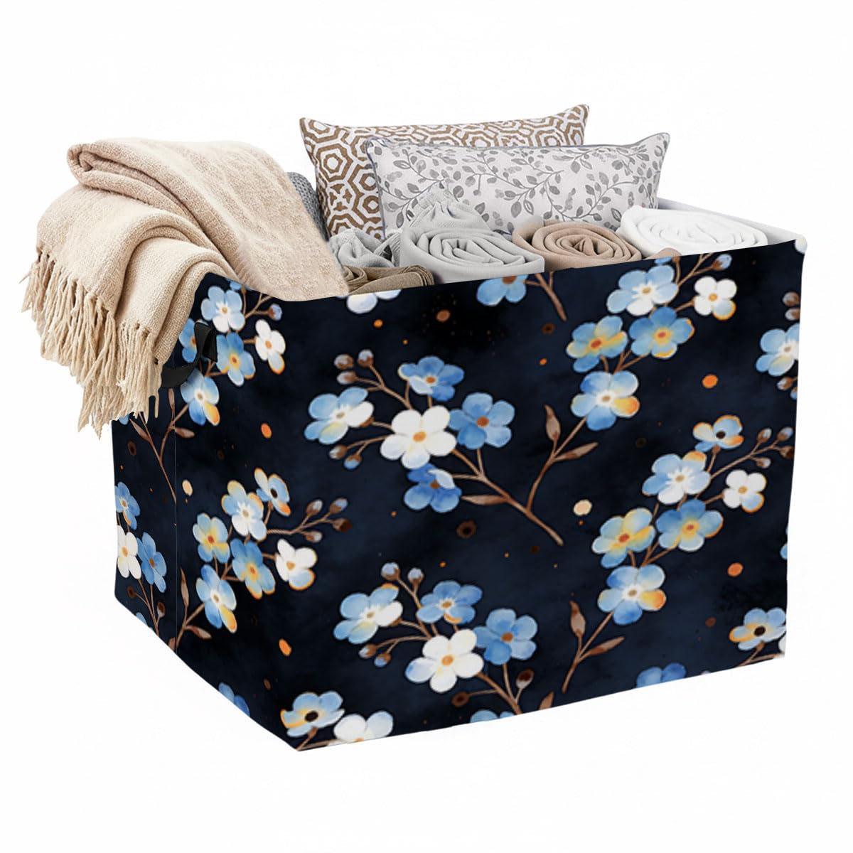 Blue Floral Foldable Laundry Basket Hamper with Handles, 56L Large Capacity Toy Storage Organizer, Collapsible Clothes Hamper fo