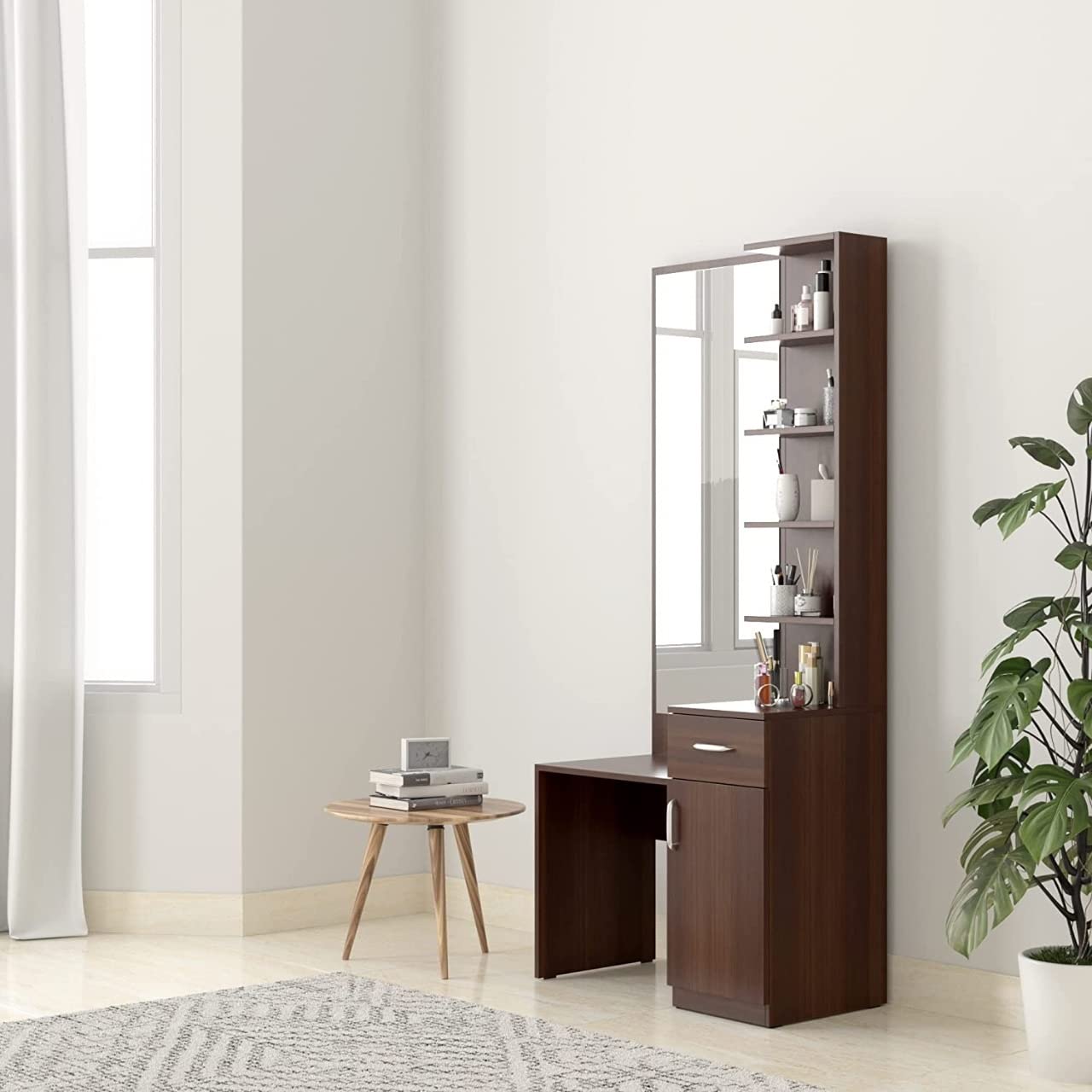 Mamta Decoration Engineered Wood Dressing Table Mirror With Storage For Living Room Bedroom Wooden Vanity Table (Dark Elm Finish