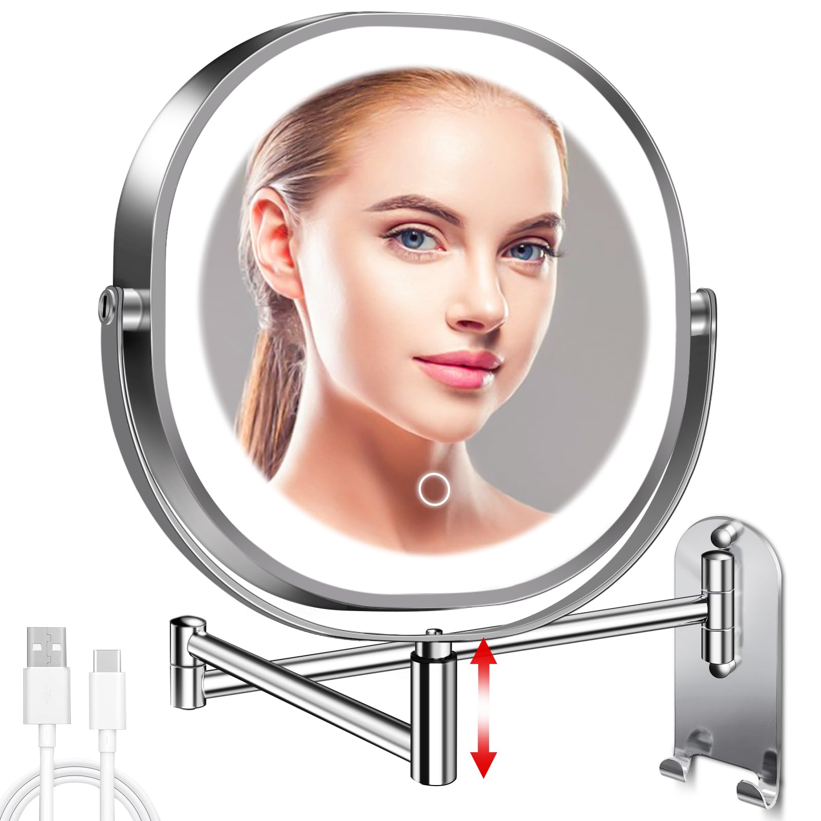 CONLWIN 9' Wall Mounted Lighted Makeup Mirror, 3000mAh Rechargeable Double Sided 1X/10X Magnifying Mirror with Hook, 3 Color Li