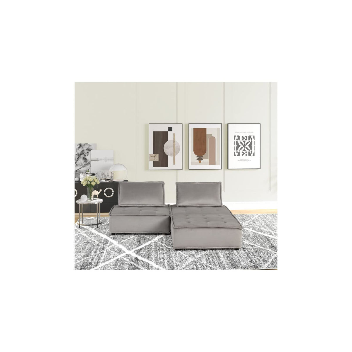 Lilola Home Anna Light Gray Velvet 3 Pc Sectional Sofa Ottoman