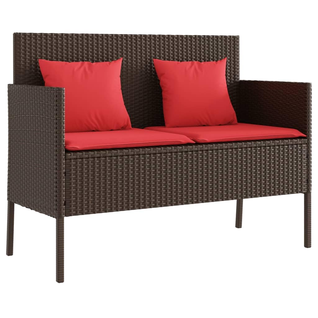 vidaXL Outdoor Loveseat Patio Bench - Brown Poly Rattan with Red Cushions, Comfortable Seating & Storage, 44.5" Width, Modern Style
