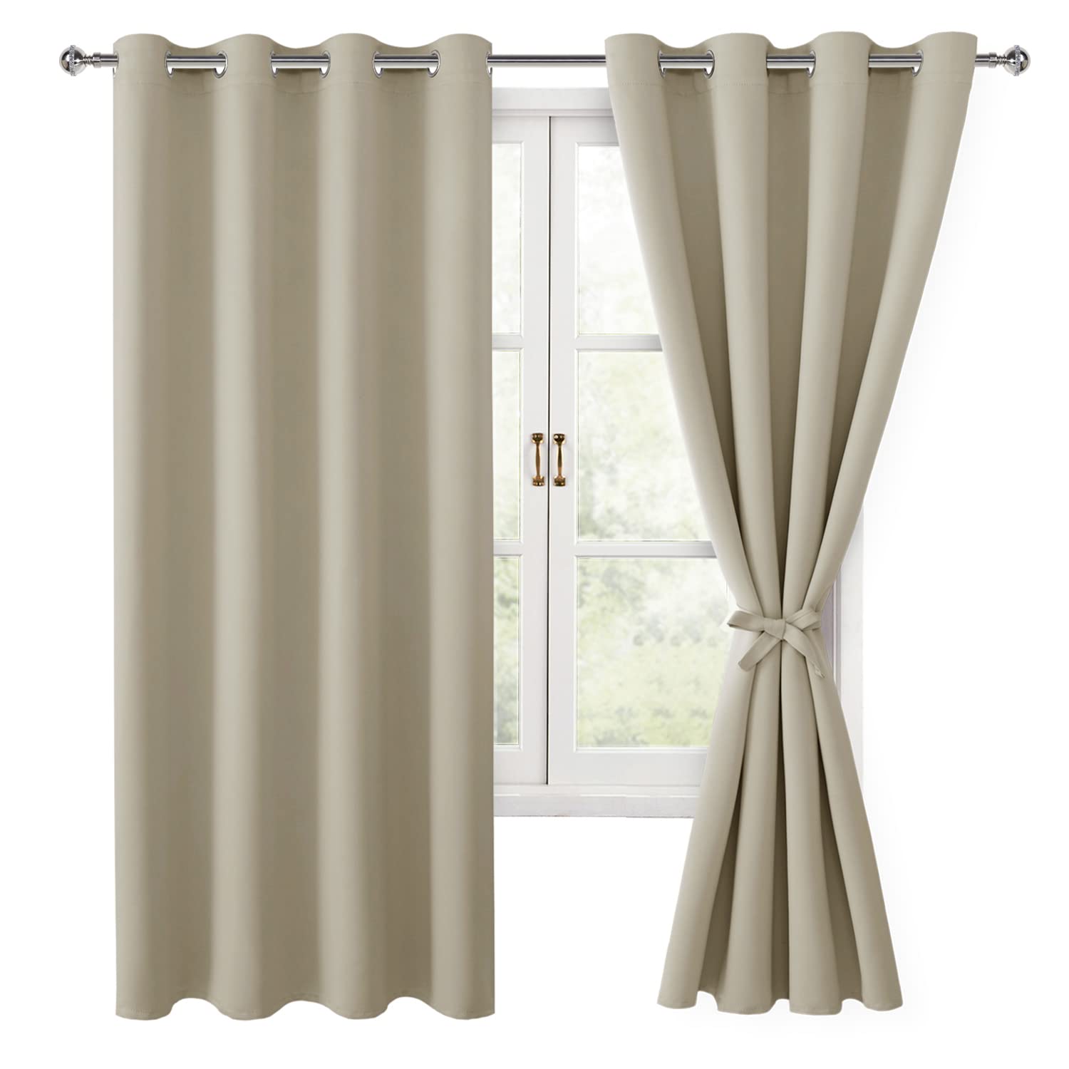 Hiasan Blackout Curtains For Bedroom, 52 X 63 Inches Length - Thermal Insulated & Light Blocking Window Curtains For Living Room, 2 Drape Panels Sewn With Tiebacks, Light Beige