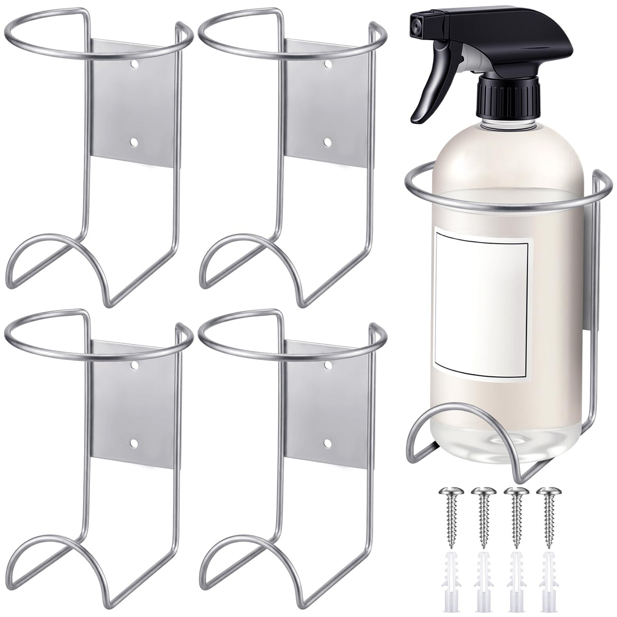 CroBlissful 4 Pcs Spray Bottle Holder Wall Mount Heavy Duty Spray Bottle Rack Stainless Steel Storage Rack Garage Can Organizer 