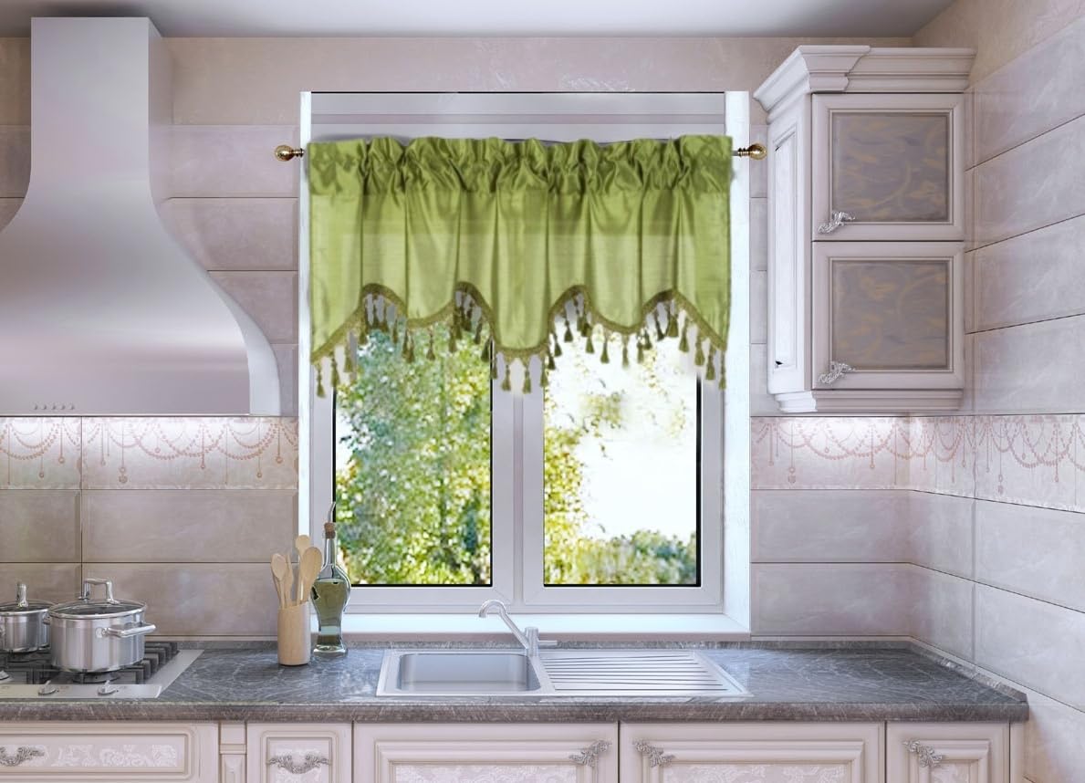 Solid Faux Silk Swag Waterfall Cascade Ascot Window Curtain Valance W/Tassels Trim 55' X18' Wave (1, Lime Green)