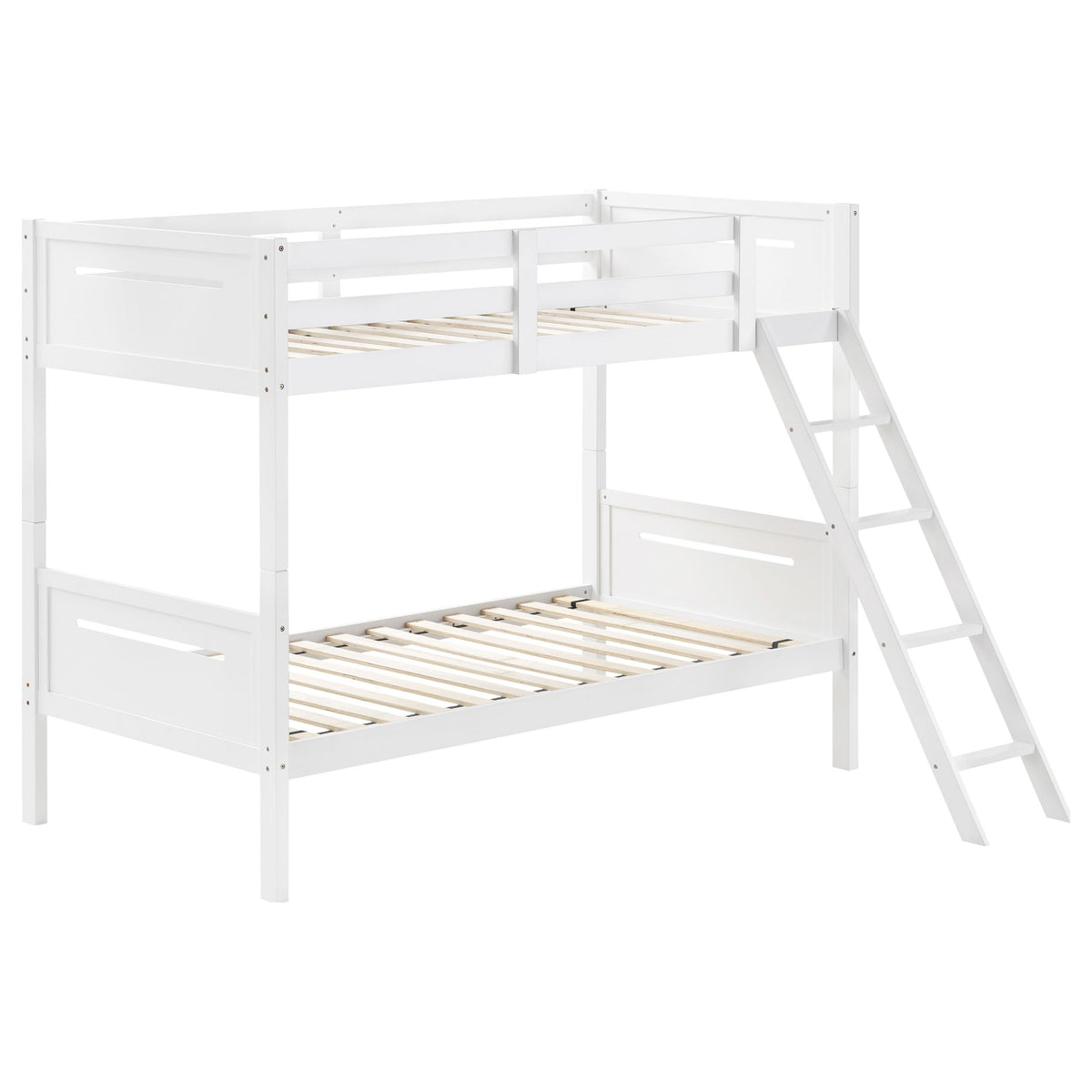 Coaster Home Furnishings Littleton Transitional Wood Twin Over Twin Size Bunk Bed Frame with Ladder and Guardrails Fully Slatted Mattress Ready Foundation White 405051WHT