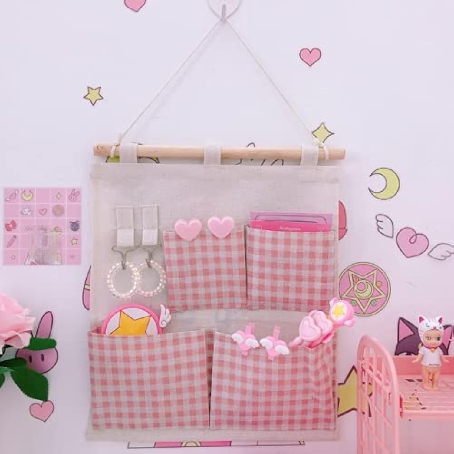 Istore Pocket Wall Hanging Storage Bag | 2Hook Cotton Linen Hanging Pockets Organizer For Door & Closet | Multicolor Wall Decora