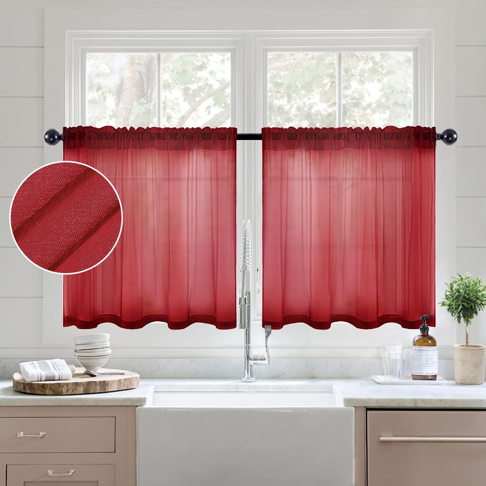 MIULEE Semi Sheer Curtains 24 inch Length 2 Panels Kitchen Window Curtains Over Sink, Rod Pocket Short Small Cafe Curtains Linen