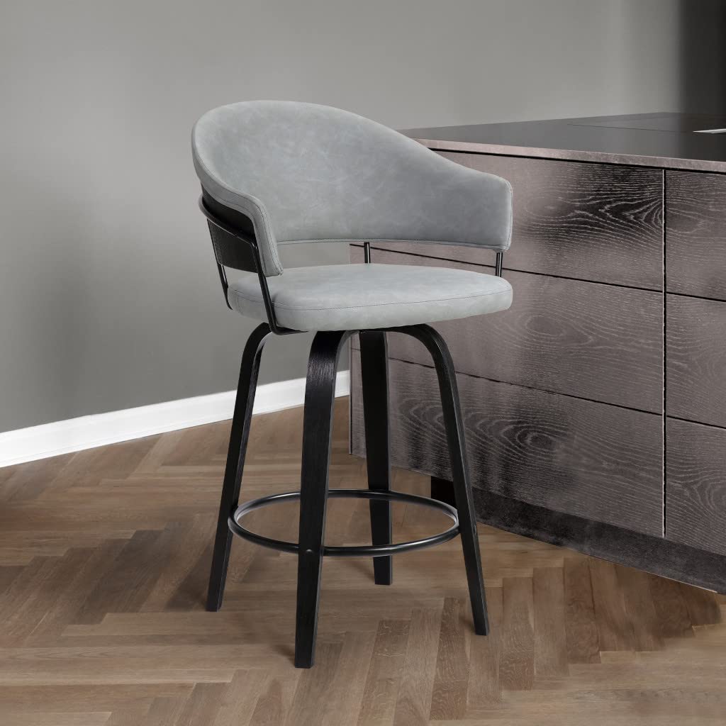 HomeRoots Gray 26' Dark Grey Faux Leather Black Wood Swivel Bar Stool