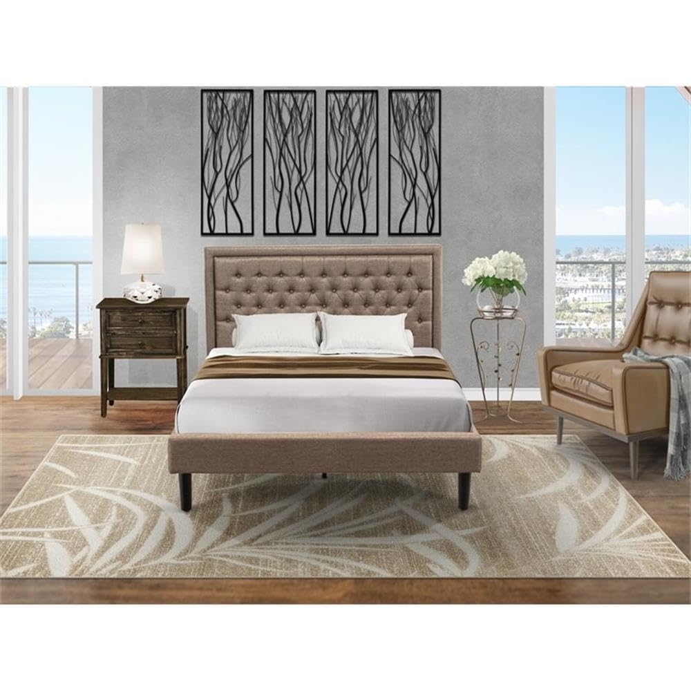 East West Furniture KD16Q-1VL07 2 Piece Queen Size Bed Set - 1 Bed Frame Dark Khaki Linen Fabric Padded and Button Tufted Headboard with 1 Wood Nightstand - Distressed Jacobean Finish Nightstand