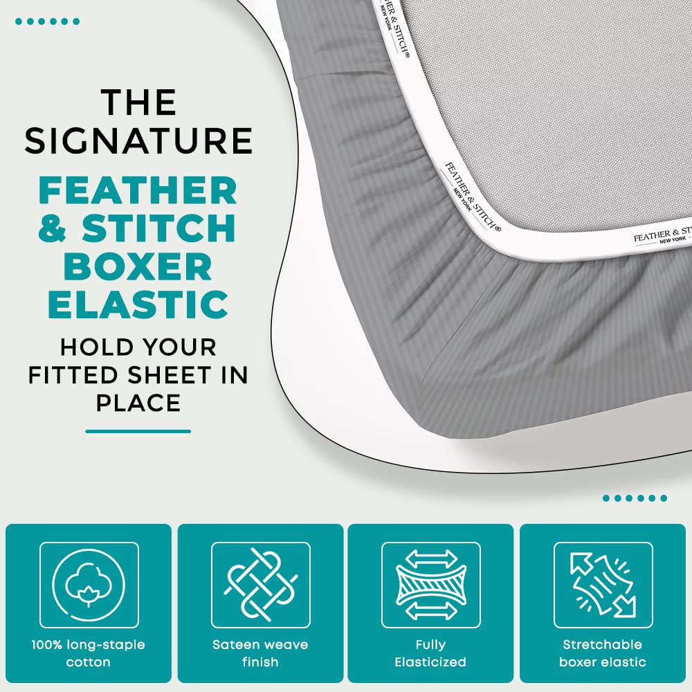 Feather & Stitch 100% Cotton 1 Piece Damask Stripe Full Fitted Sheet 500 Thread Count Grey 18 Inch Extra Deep Pocket Luxury Sateen Weave Stretchable Boxer Elastic Fits Mattress Perfectly