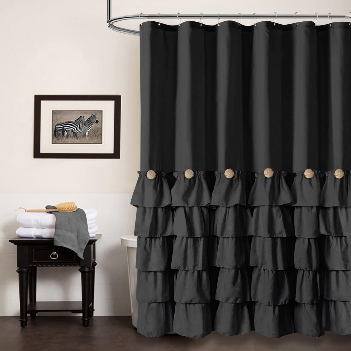 Seasonwood Extra Long Black Ruffle Shower Curtain 84 Inch Shower Curtain Black Fabric Shower Curtain Nature Button Shabby Chic R