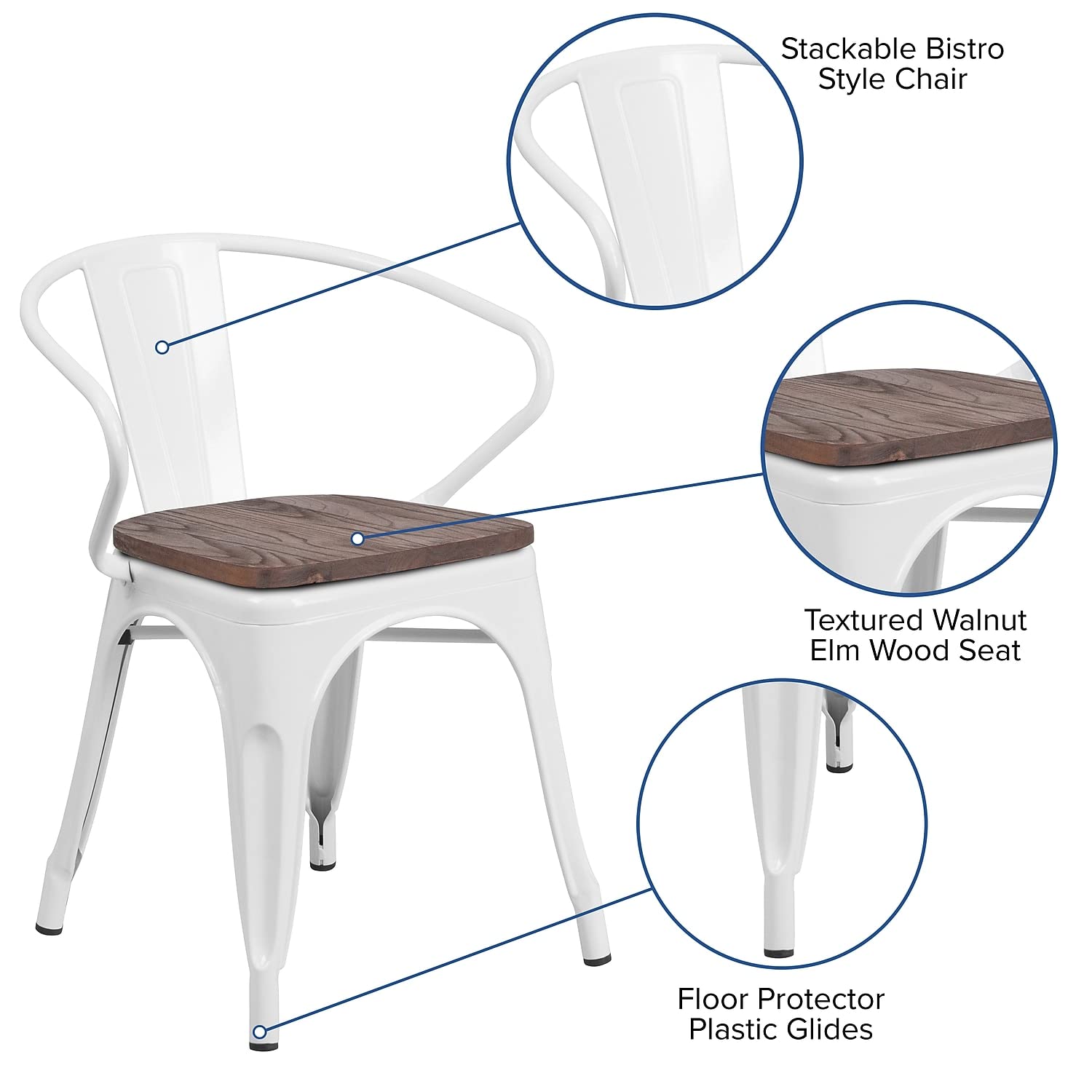 Flash Furniture White Metal Chair With Wood Seat And Arms
