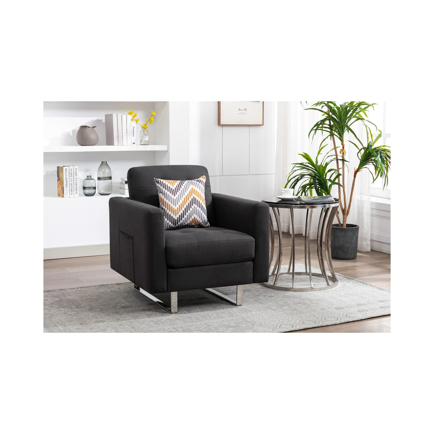 Lilola Home Victoria Dark Gray Linen Fabric Armchair with Metal Legs, Side Pockets, and Pillow