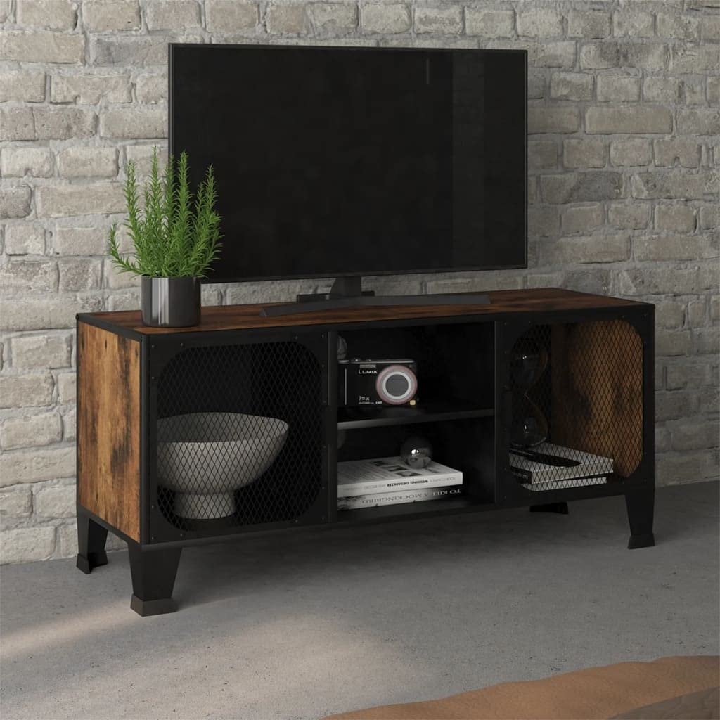 vidaXL TV Stand - Rustic Brown - Featuring Metal and MDF Construction, Spacious Storage with Mesh Doors, Cable Management Holes