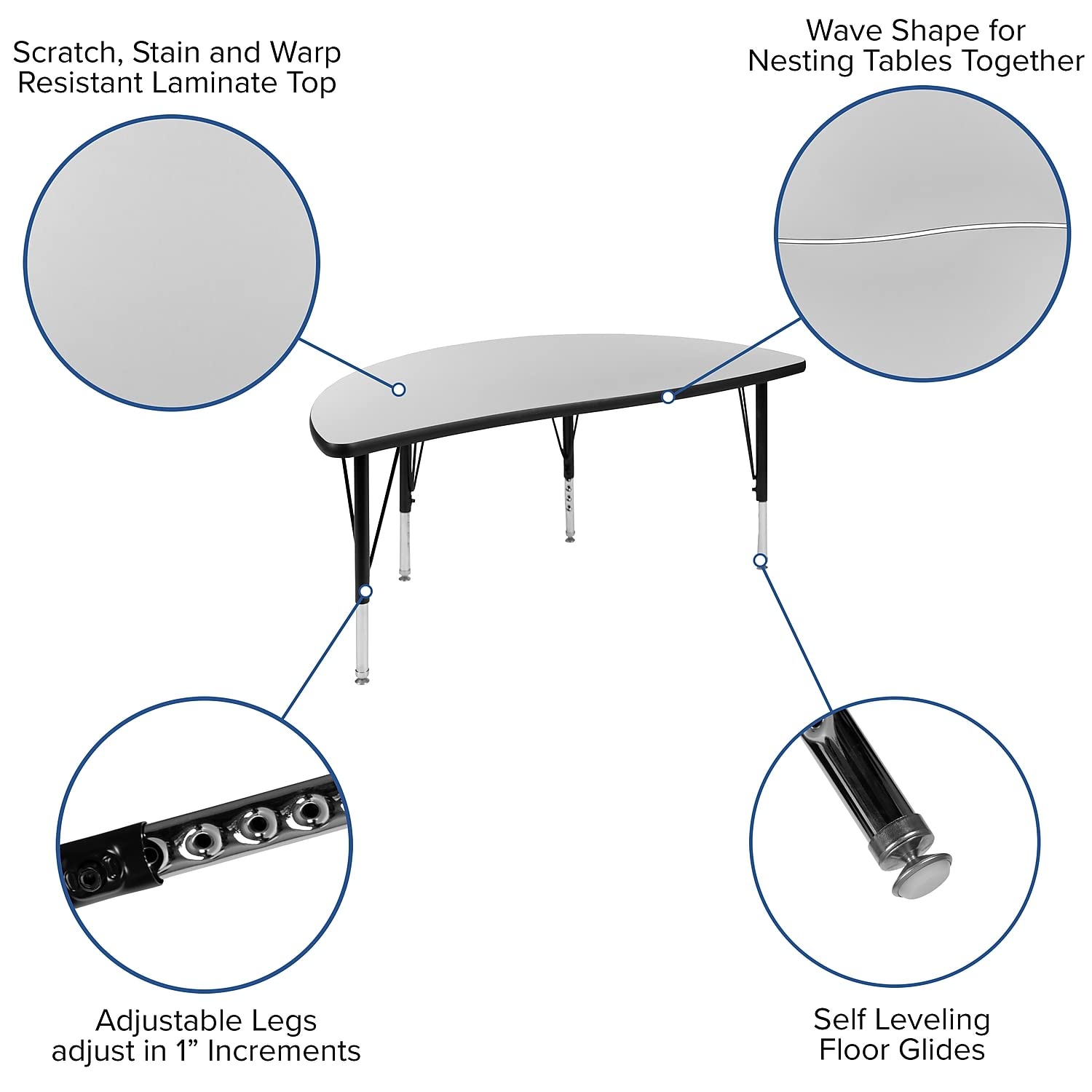 Flash Furniture 76" Oval Wave Collaborative Laminate Activity Table Set With 14" Student Stack Chairs, Grey/Black