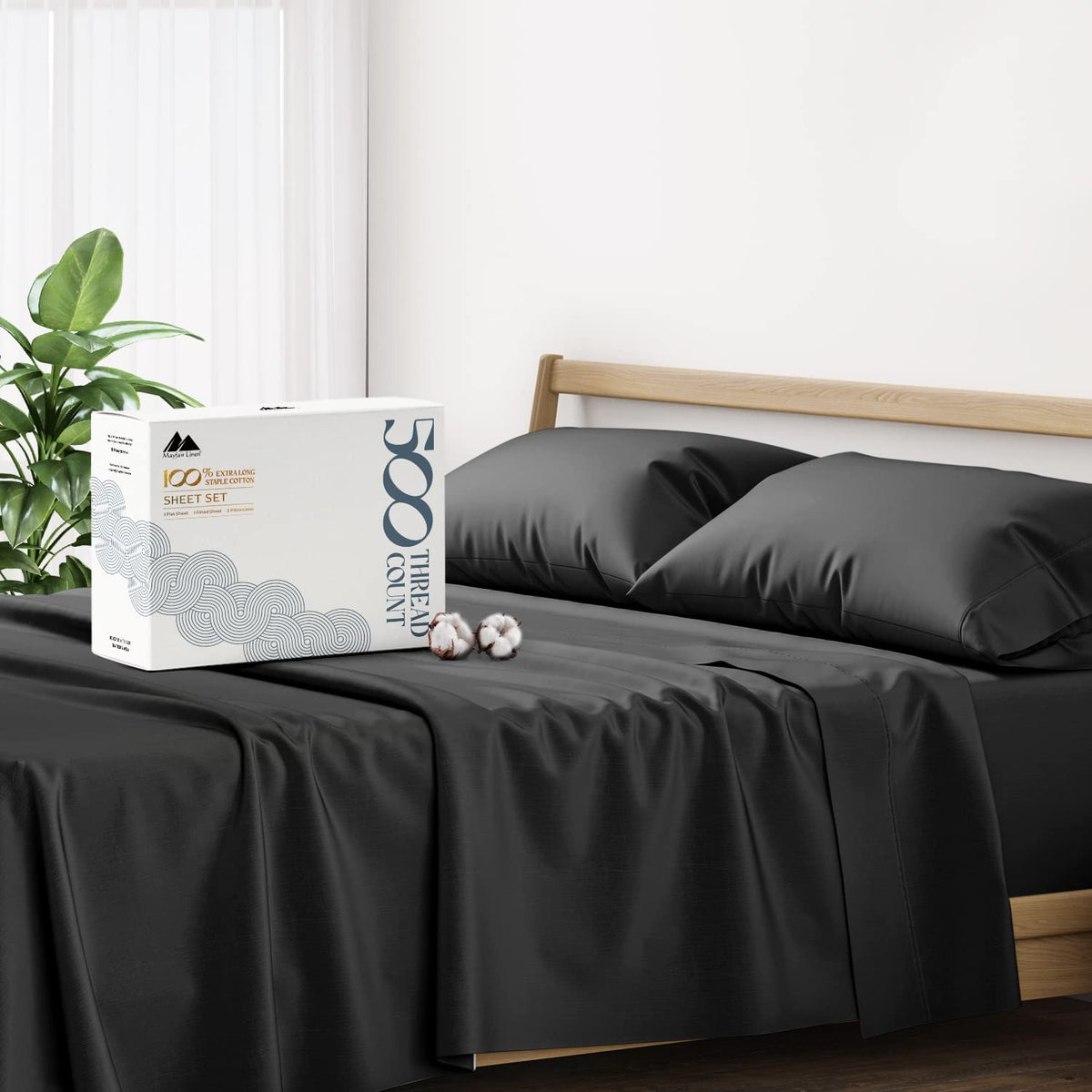Mayfair Linen 500 Thread Count 100% Cotton Sheets King Size Bed Set - 4 Pc King Bed Sheet Set Cotton (Black), Soft, Cooling, Sat