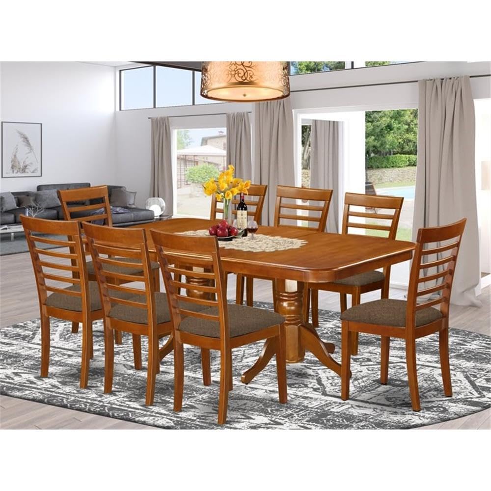 East West Furniture NAML9-SBR-C 9 Piece Dining Room Furniture Set Includes a Rectangle Kitchen Table with Butterfly Leaf and 8 Linen Fabric Upholstered Chairs, 40x78 Inch, Saddle Brown