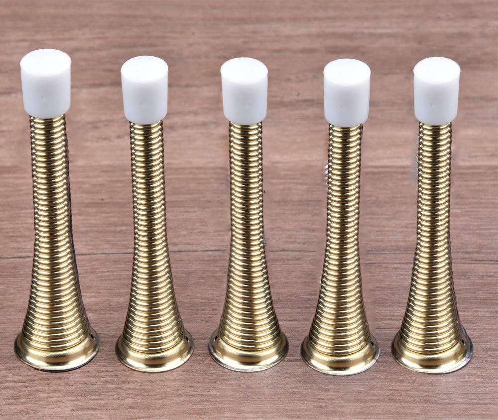 Kiseer 16 Pack Spring Door Stops 3 1/4' Flexible Heavy Duty Spring Door Stopper With Rustproof Screw Rubber Bumper Tips (Gold)