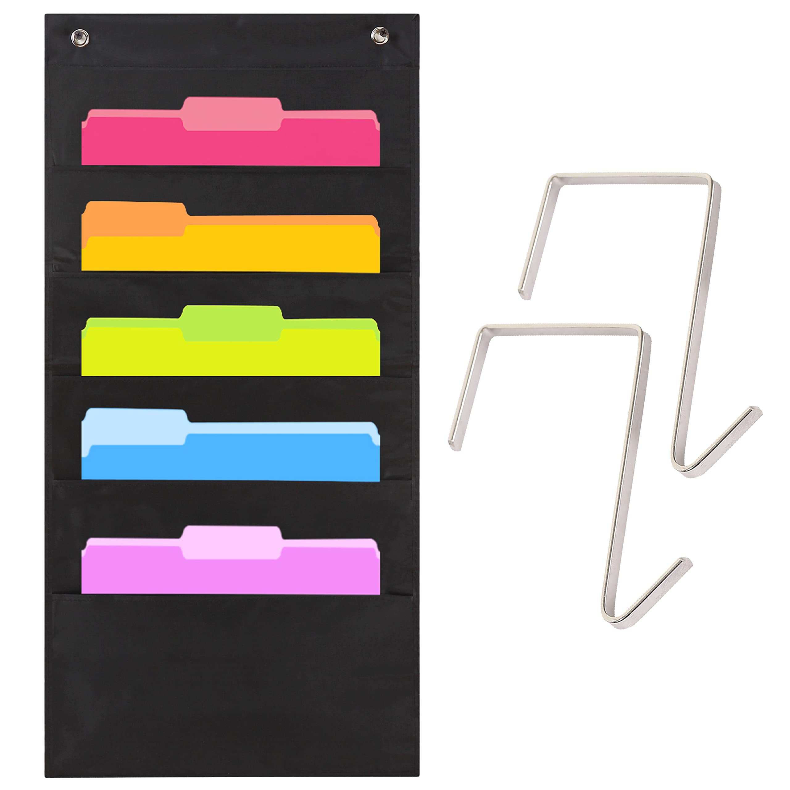 Black Pocket Chart For Classroom - 5 Pocket Storage Rainbow Colored Pocket Charts , 2 Over Door Hangers Included, Hanging Wall F