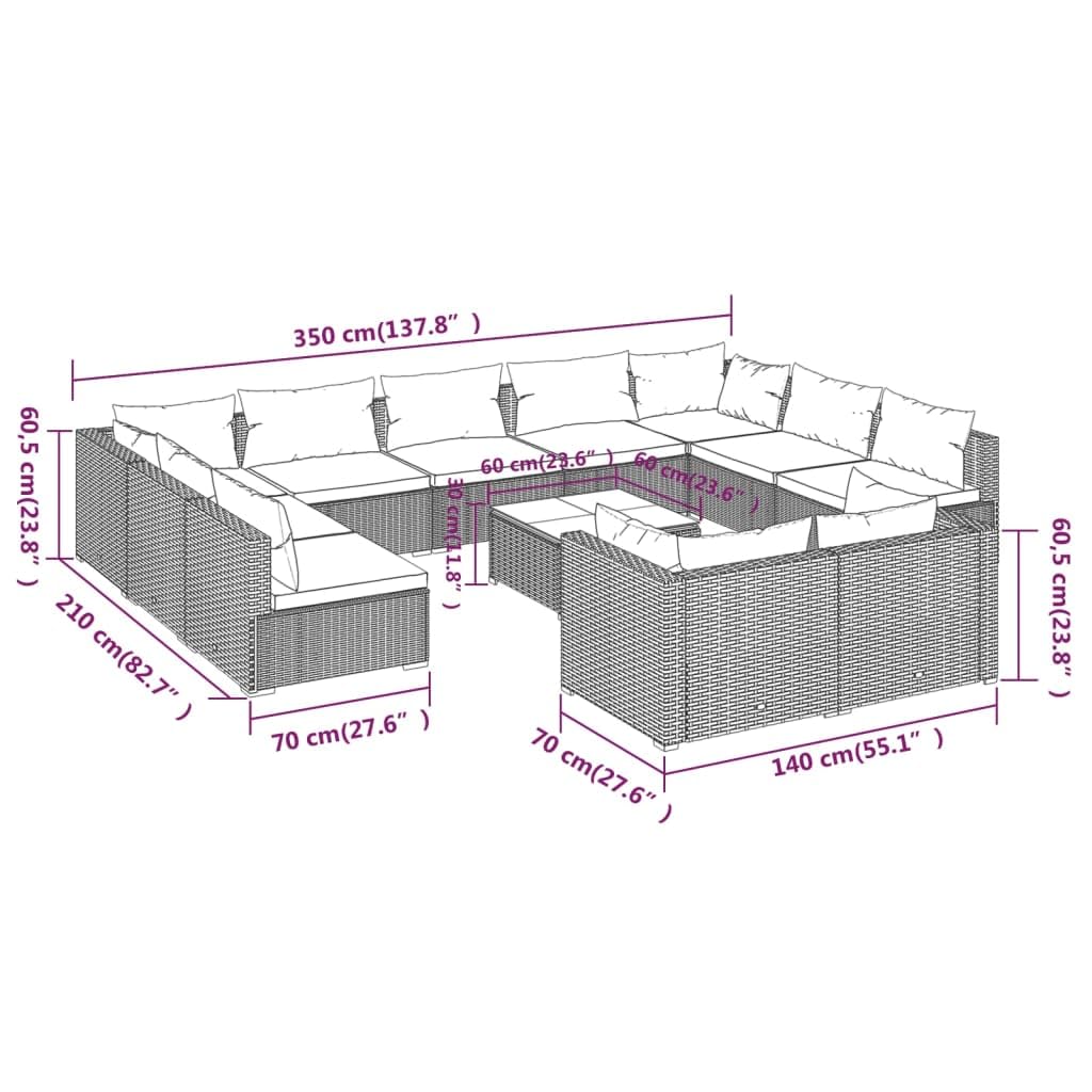 vidaXL 12 Piece Patio Lounge Set with Cushions, Brown Poly Rattan, Featuring a Sturdy Powder Coated Steel Frame, Water-Resistant Material, and Modular Design Perfect for Outdoor Use