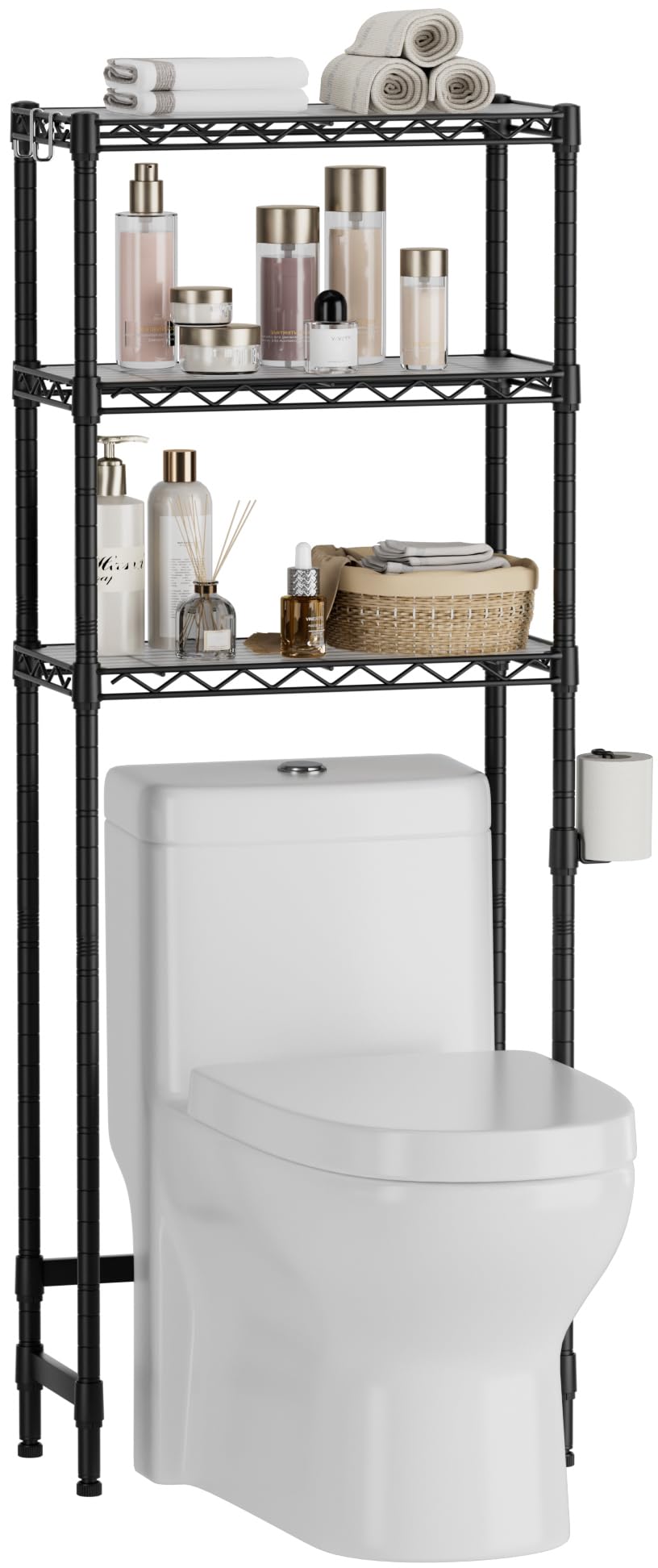 Golpart 3-Tier Over The Toilet Storage Shelf,Heavy Duty Adjustable Metal Bathroom Rack with Toilet Paper Holder & Hooks,Space-Sa