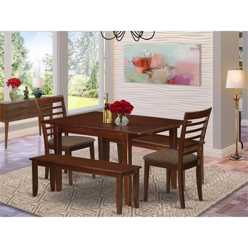 East West Furniture Mila5D-Mah-C 5 Piece Dining Table Set Includes A Rectangle Kitchen Table With Butterfly Leaf And 2 Linen Fabric Dining Chairs With 2 Benches, 36X54 Inch, Mahogany