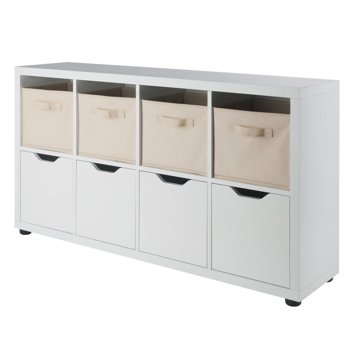 Winsome Julian 2x4 Storage Cabinet Set, for Living Room, Home Office, White, with 4 Beige Baskets