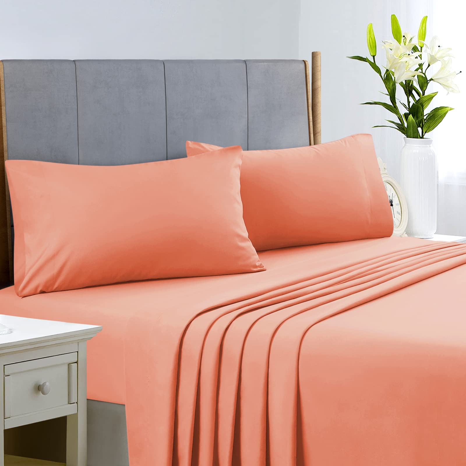 Homeideas Queen Size Bed Sheets - 4 Piece Set (Coral) - Extra Soft Brushed Microfiber 1800 Bedding Sheets, Deep Pocket, Wrinkle & Fade Free