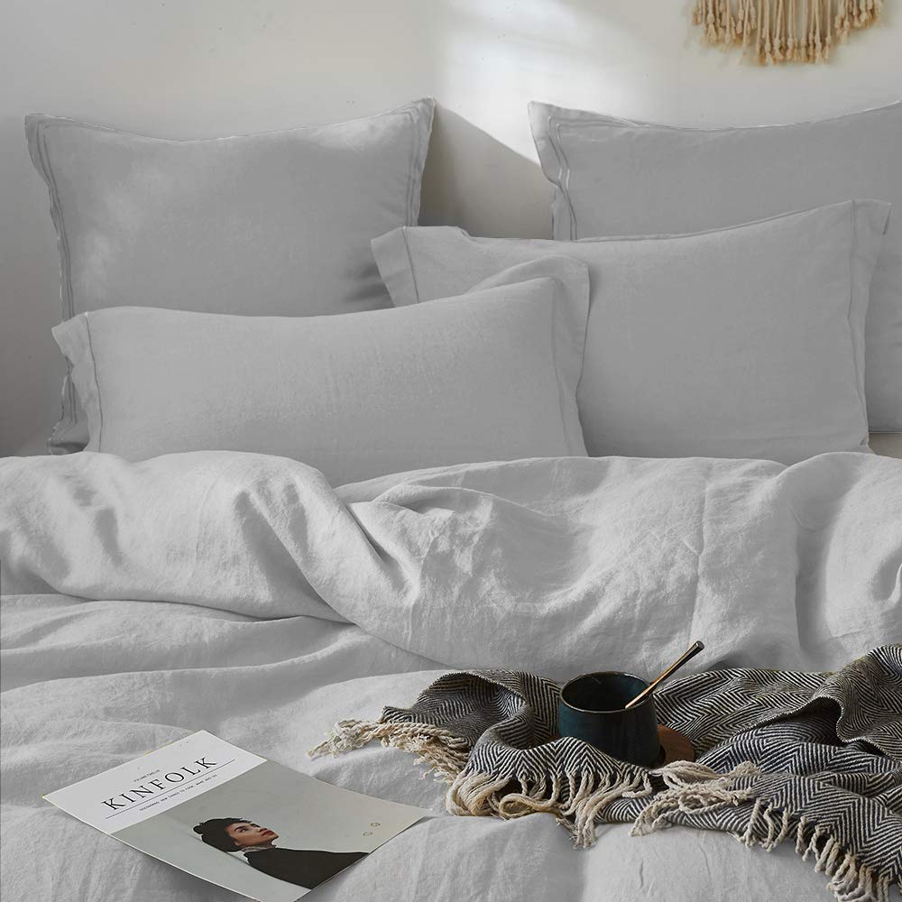 Simple&Opulence 100% French Linen Euro Shams With Embroidery (26'' X 26'') - Pack Of 2 - Pre Washed Solid Color Natural Flax Soft Breathable - Grey