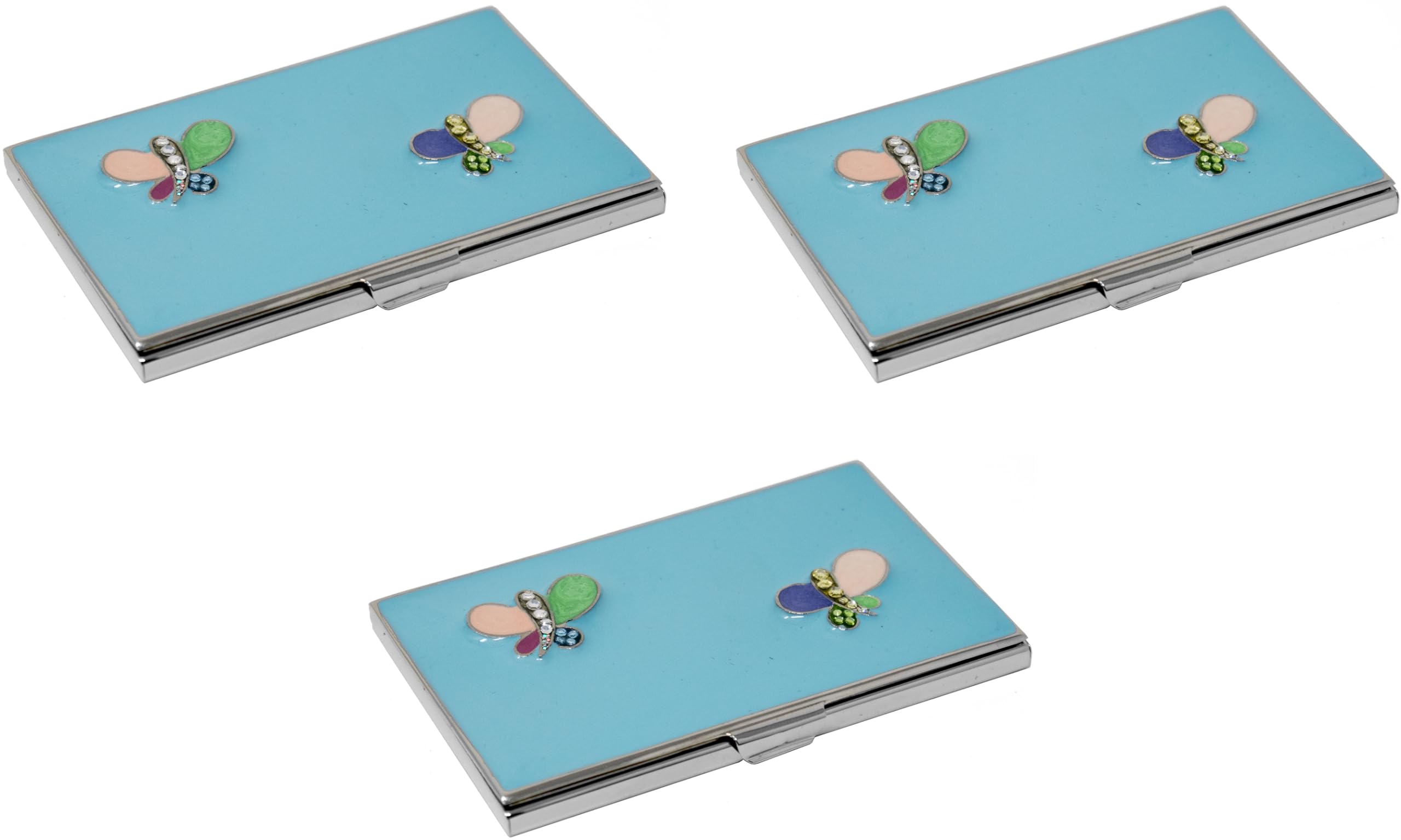 Stephanie Imports Set Of 3 Slim & Minimalist Metal Business Card Holder Unisex Case With Enamel Insert (Abstract Butterfly)