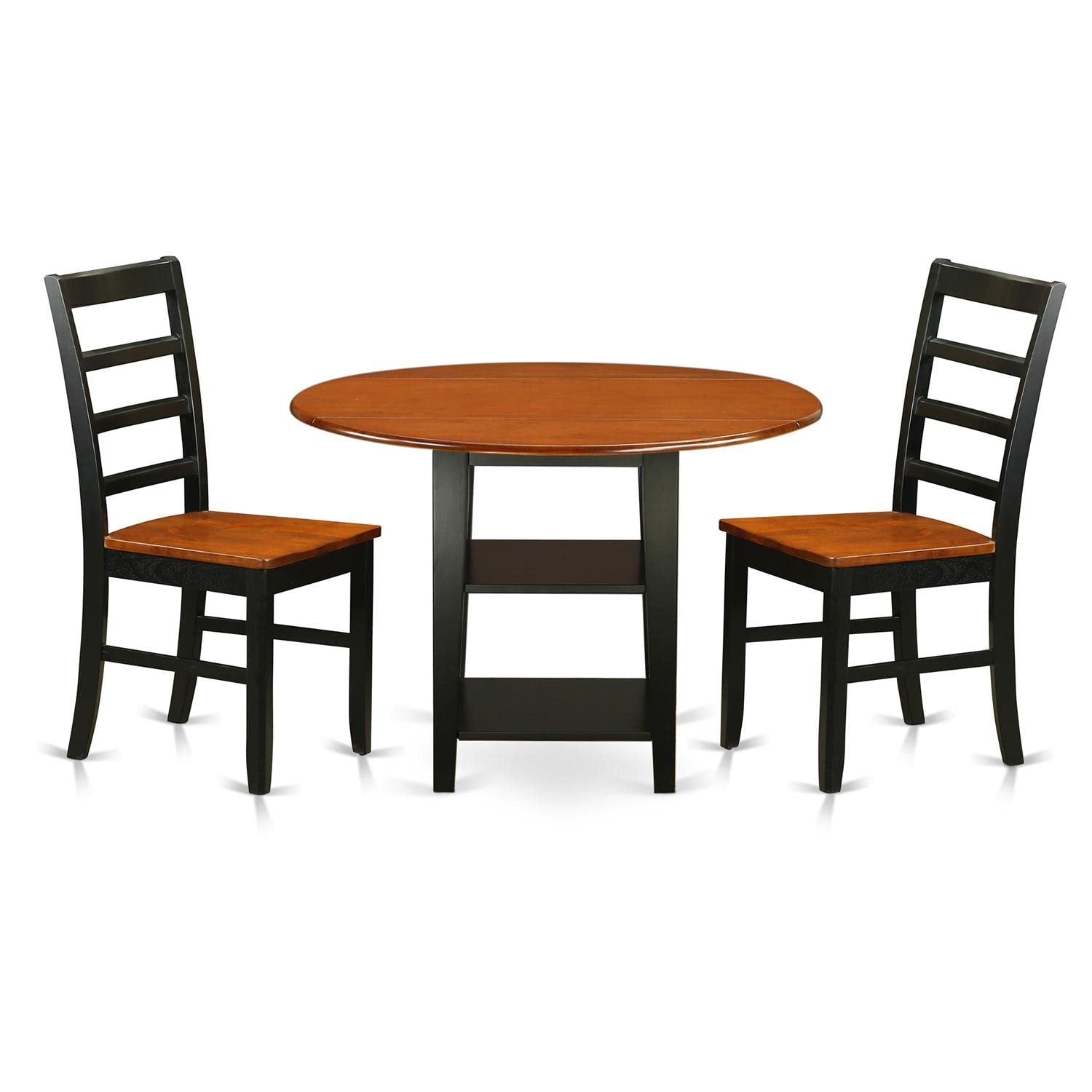 East West Furniture Supf3-Bch-W 3 Piece Dining Room Furniture Set Contains A Round Kitchen Table With Dropleaf & Shelves And 2 Dining Chairs, 42X42 Inch, Black & Cherry