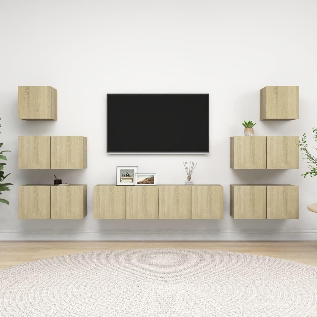 vidaXL TV Cabinet Set 8 Piece Home Indoor Living Room Hanging Wall-Mounted Stereo Plasma HiFi Cabinet TV Unit Furniture Sonoma Oak Engineered Wood
