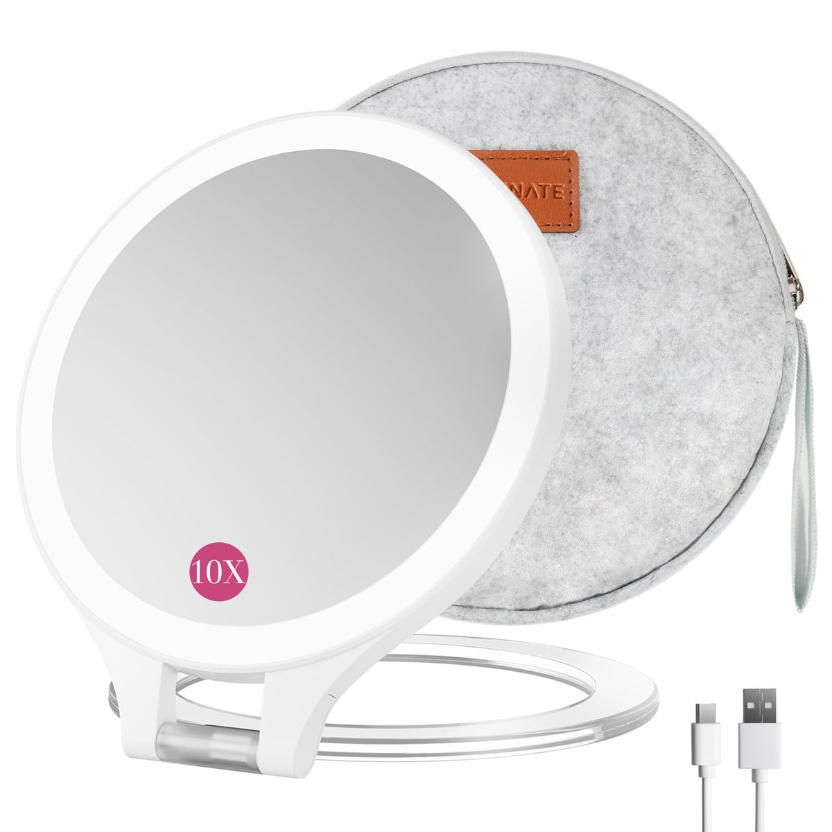 Magnifying Mirror with Light 10X/1X, Double Sided Travel Mirror with Light, Rechargeable Makeup Mirror with 3 Color Setting Adju