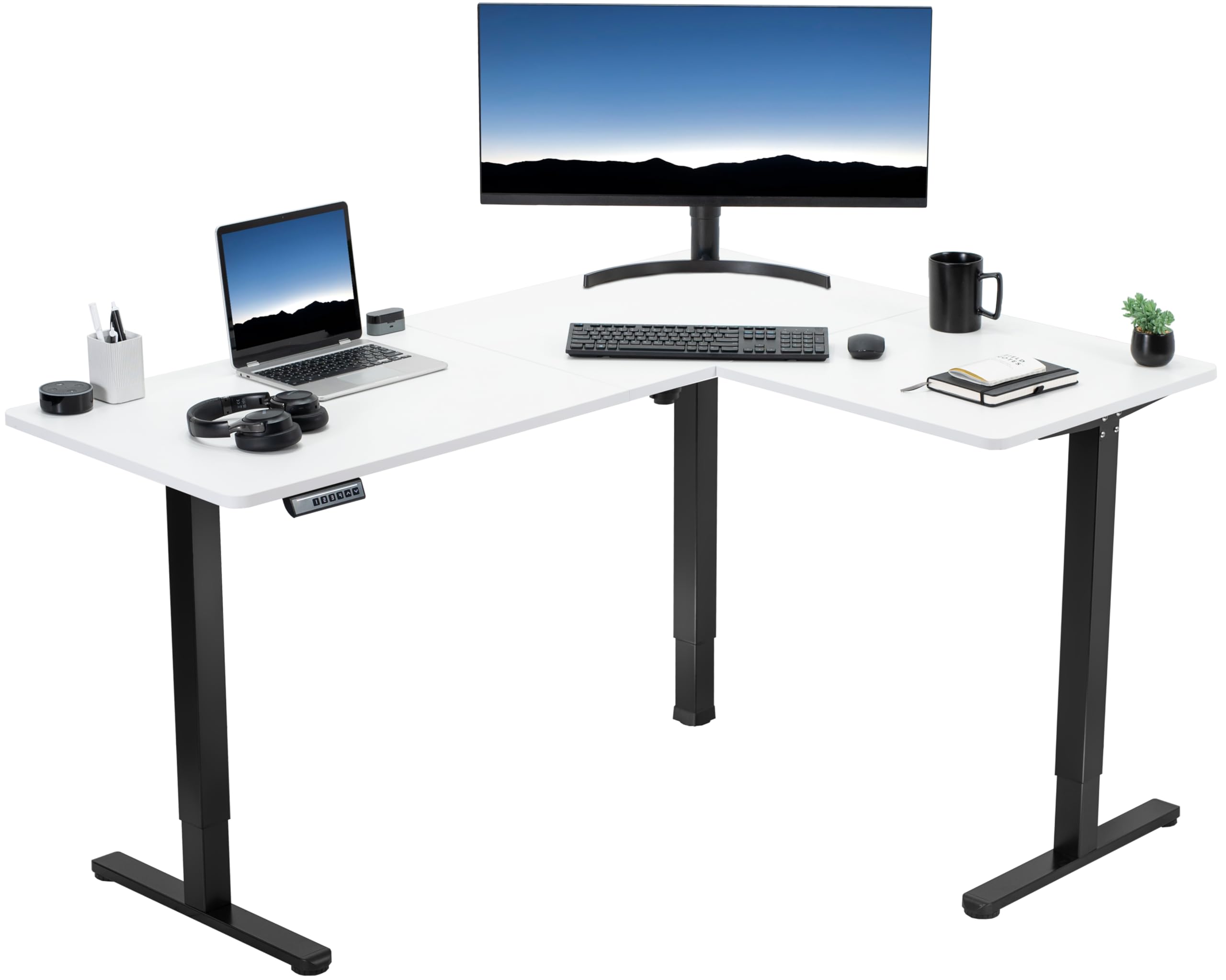 VIVO Electric Corner 63 x 47 inch L-Shaped Standing Desk, Memory Height Adjustment, White Top Black Frame, DESK-E3CTBW-47