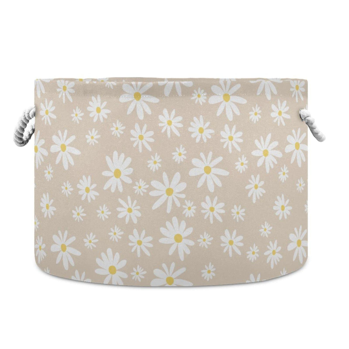 Burbuja Daisy on Beige Round Storage Basket with Cotton Rope Handles, Laundry Basket for Blankets, Nursery, Living Room Decorati