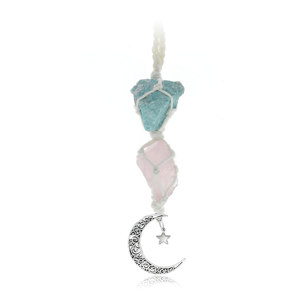 Boho Garden Hanging Car Charm - Amazonite & Rose Quartz - Dangling Moon & Healing Crystal Accessories, Rearview Mirror Decoratio