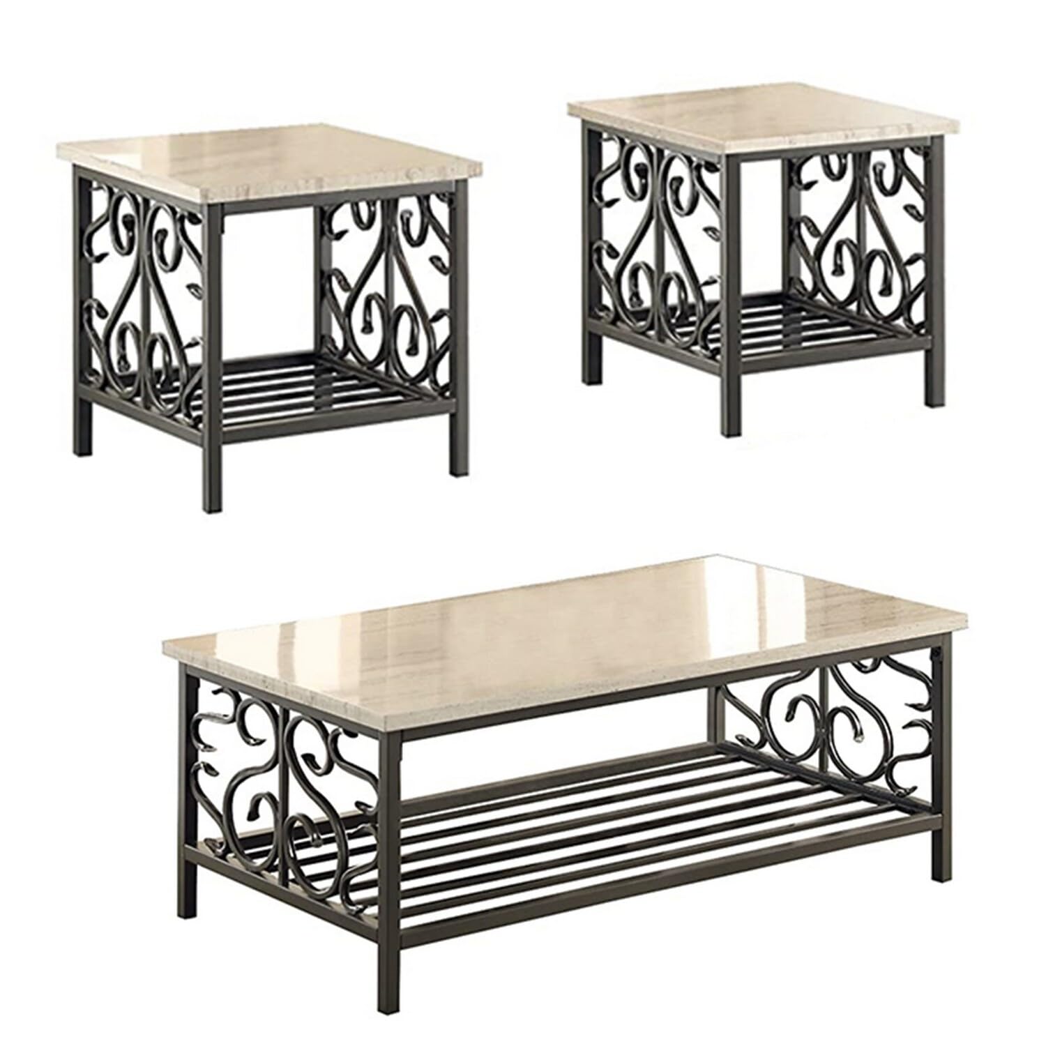 Benjara Benzara Metal Table Set With Marble Top, Cream And Gray,