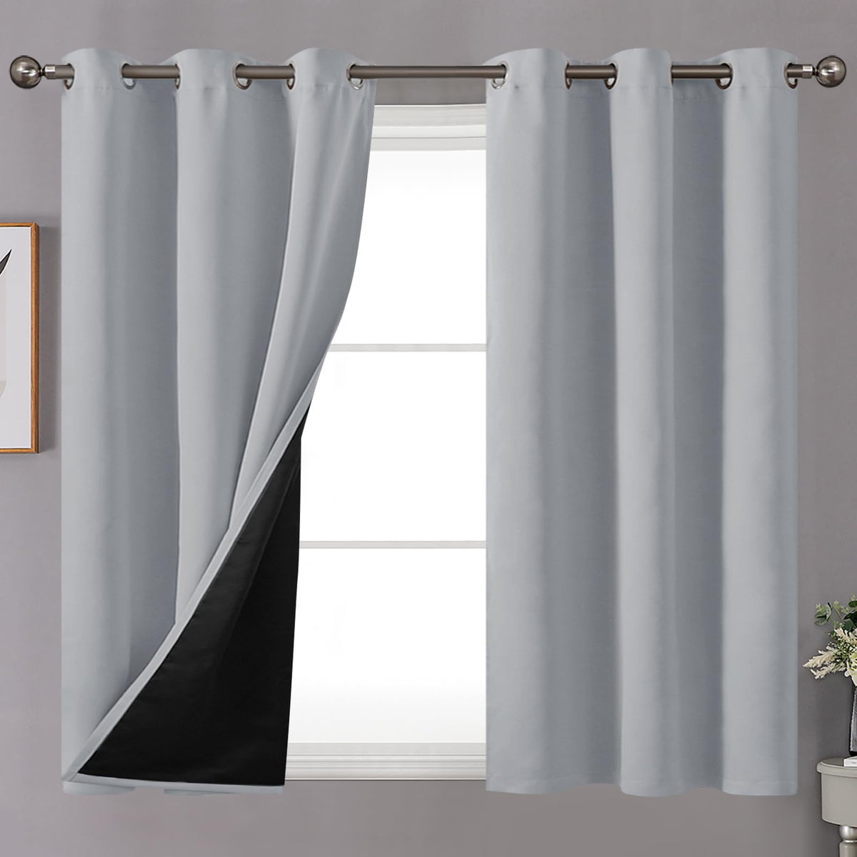 Youngstex Light Grey 100% Blackout Curtains 54 Inch Length, Grommet Thick Full Light Blocking Bedroom Window Drapes For Nursery