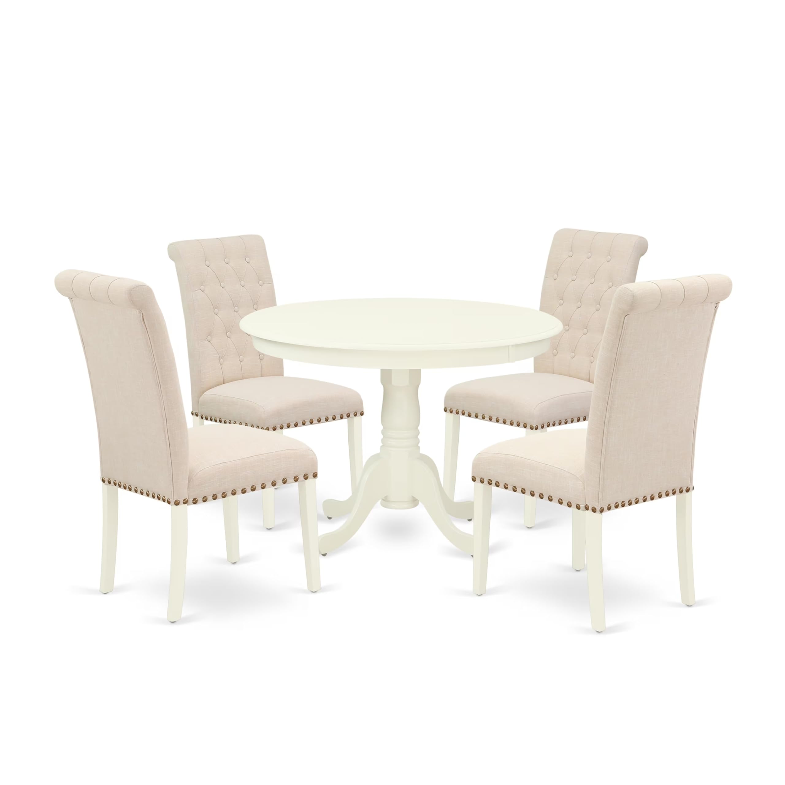 East West Furniture Hlbr5-Lwh-02 5 Piece Dining Room Furniture Set Includes A Round Dining Table With Pedestal And 4 Light Beige Linen Fabric Upholstered Chairs, 42X42 Inch, Linen White