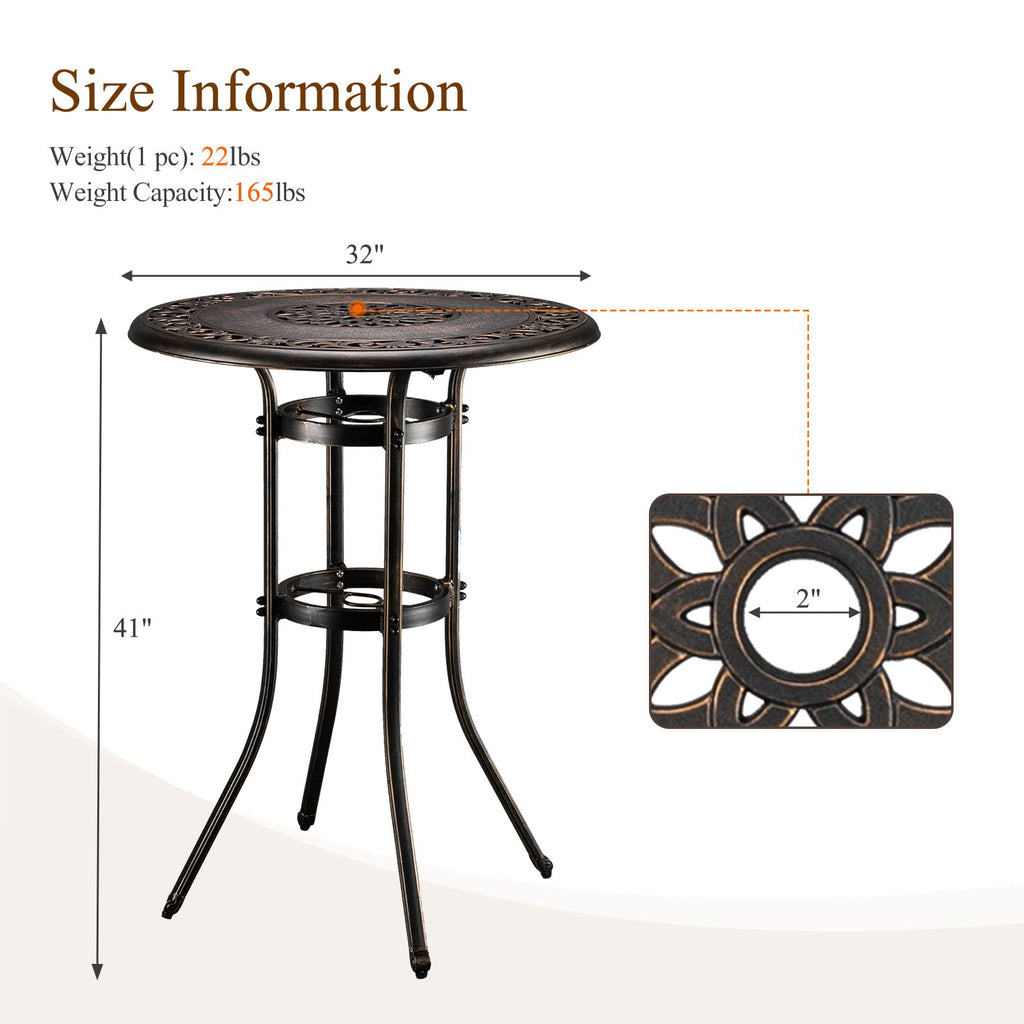 Vingli Outdoor Bar Table, Cast Aluminum Bar Height Patio Table With Umbrella Hole Patio Dining Table, Tall Outdoor Table Bistro Table Outdoor Furniture Garden Table 32' Dia X 41 H (Bronze)…