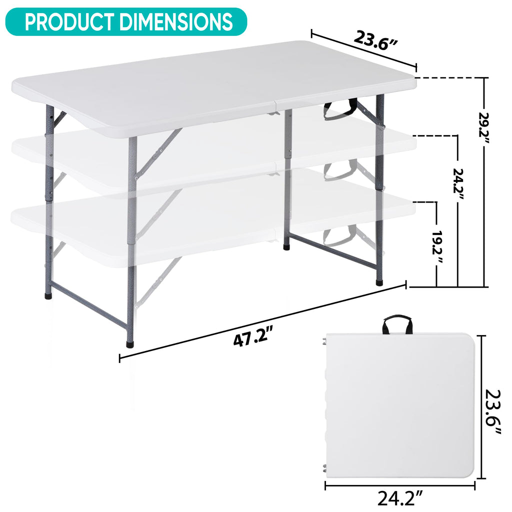 Zenstyle 4 Ft Adjustable Folding Table, Indoor Outdoor Portable Plastic Dining Card Table Utility Table For Camping Dining Event Party, White (48'X24', Rectangular)